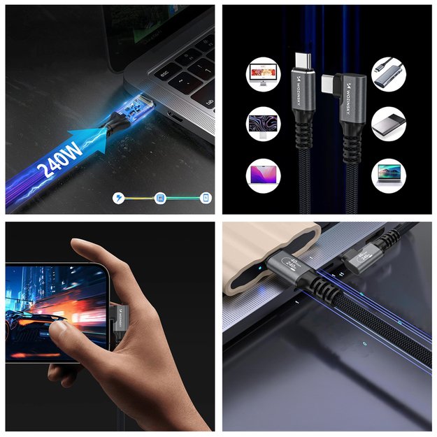 Wozinsky WPS3-UY41S USB-C Thunderbolt 4 240W 1m 4K Angled Cable - Black 9