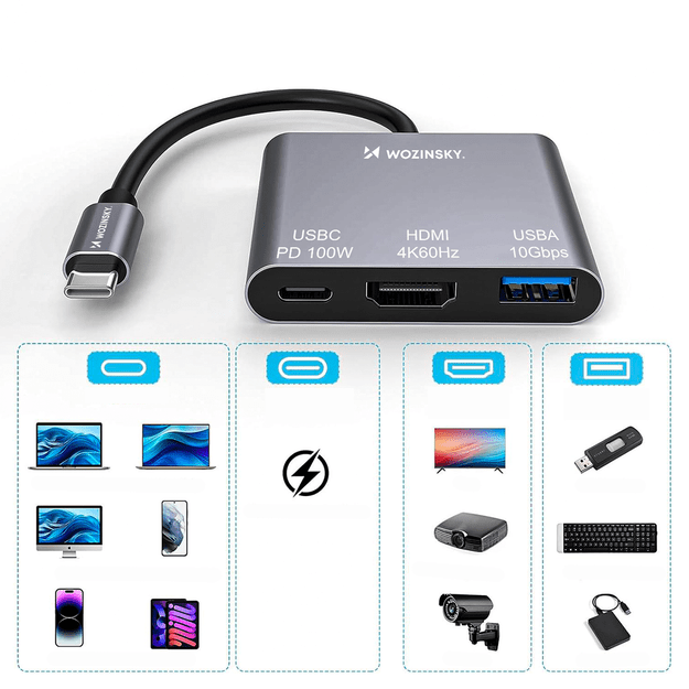 Hub Wozinsky WHCH-01 USB-C PD 100W HDMI 4K@30Hz USB-A 10Gbps - gray 4