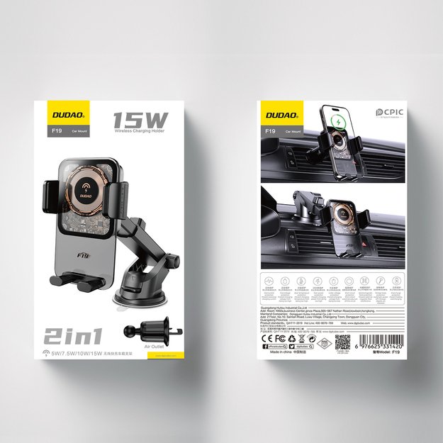 Dudao F19 clamp car holder with 15W inductive charger - black 4