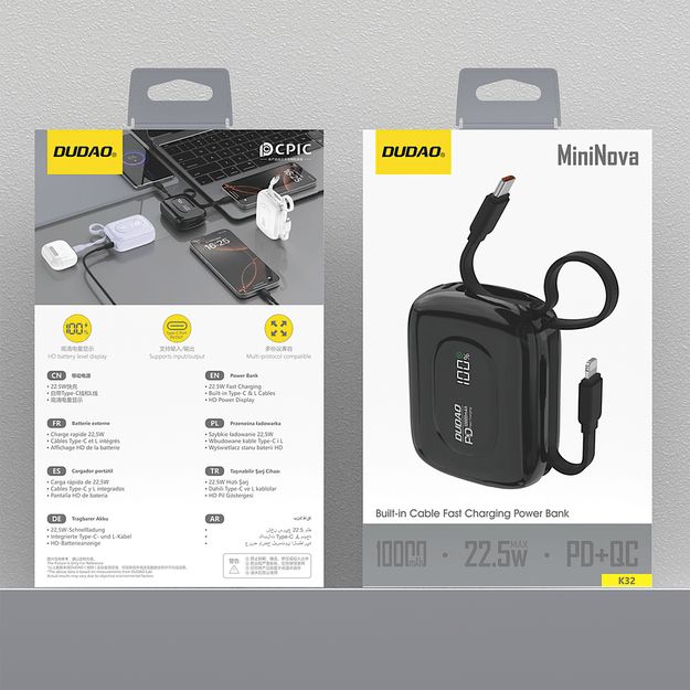 Dudao K32 Powerbank 22.5W 10000 mAh with Built-in USB-C/ Lightning Cable - Black 6