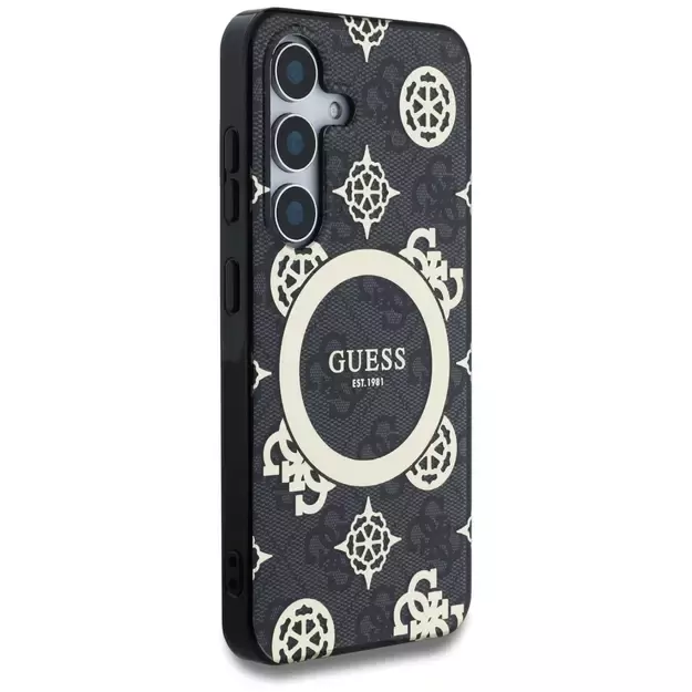 Guess 4G Background Gold Electroplated Peony Pattern MagSafe case for Samsung Galaxy S25 black 3