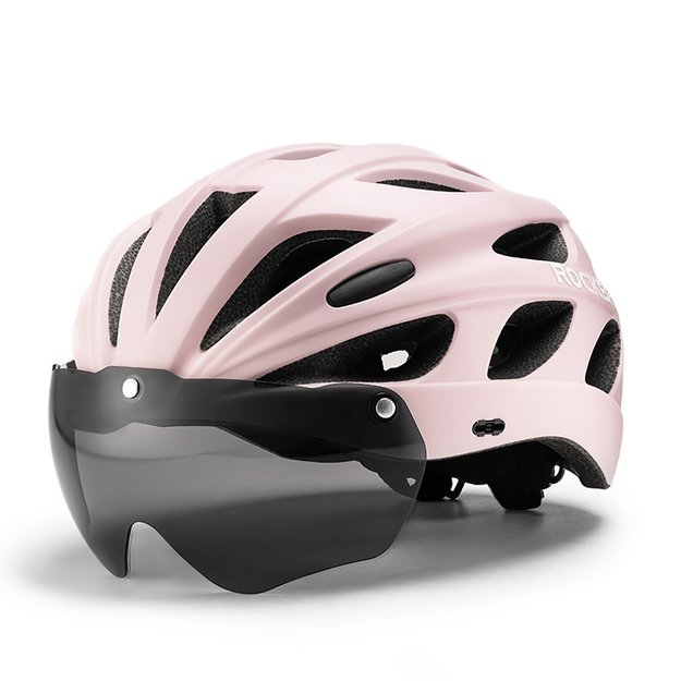 Rockbros Bike Helmet with Visor, Detachable UV Goggles, Detachable Visor, Unisex - Pink 1