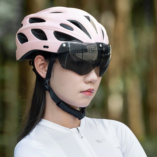Rockbros Bike Helmet with Visor, Detachable UV Goggles, Detachable Visor, Unisex - Pink 12