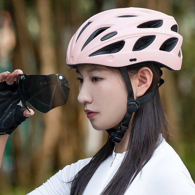 Rockbros Bike Helmet with Visor, Detachable UV Goggles, Detachable Visor, Unisex - Pink 6