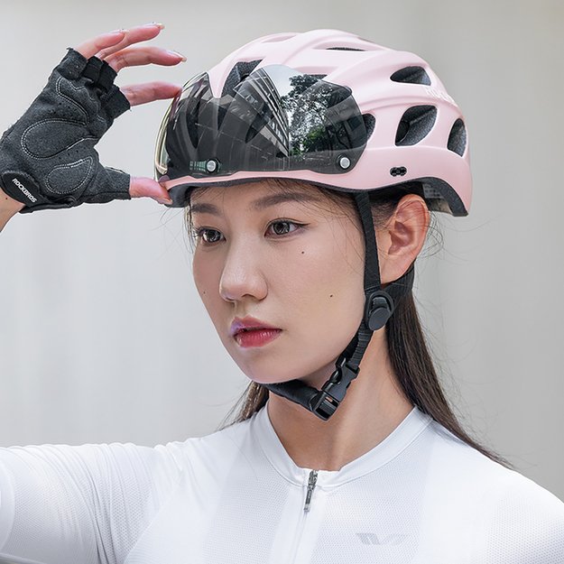 Rockbros Bike Helmet with Visor, Detachable UV Goggles, Detachable Visor, Unisex - Pink 11