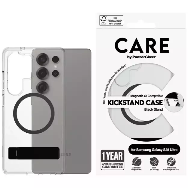 CARE by PanzerGlass Feature Black Kickstand &amp  QI Case for Samsung Galaxy S25 Ultra - Transparent
