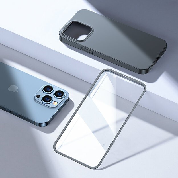 Joyroom 360 Full Case front and back cover for iPhone 13 Pro + tempered glass screen protector grey (JR-BP935 tranish) 10