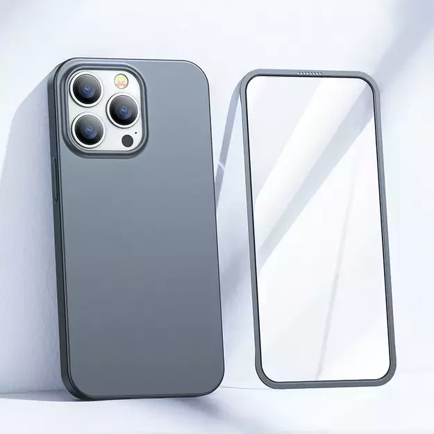 Joyroom 360 Full Case front and back cover for iPhone 13 Pro + tempered glass screen protector grey (JR-BP935 tranish) 7