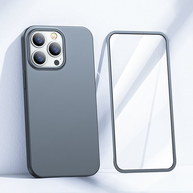 Joyroom 360 Full Case front and back cover for iPhone 13 Pro + tempered glass screen protector grey (JR-BP935 tranish) 1