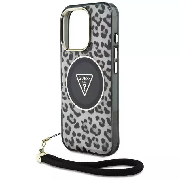 Guess HC IML Leopard Triangle Cord Strap MagSafe Case for iPhone 16 Pro - Black 10