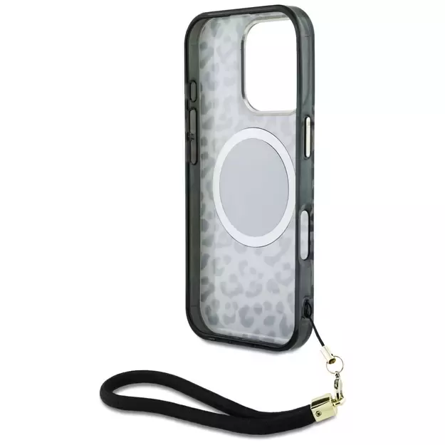 Guess HC IML Leopard Triangle Cord Strap MagSafe Case for iPhone 16 Pro - Black 11
