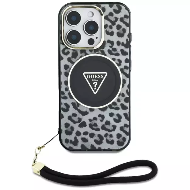 Guess HC IML Leopard Triangle Cord Strap MagSafe Case for iPhone 16 Pro - Black 4