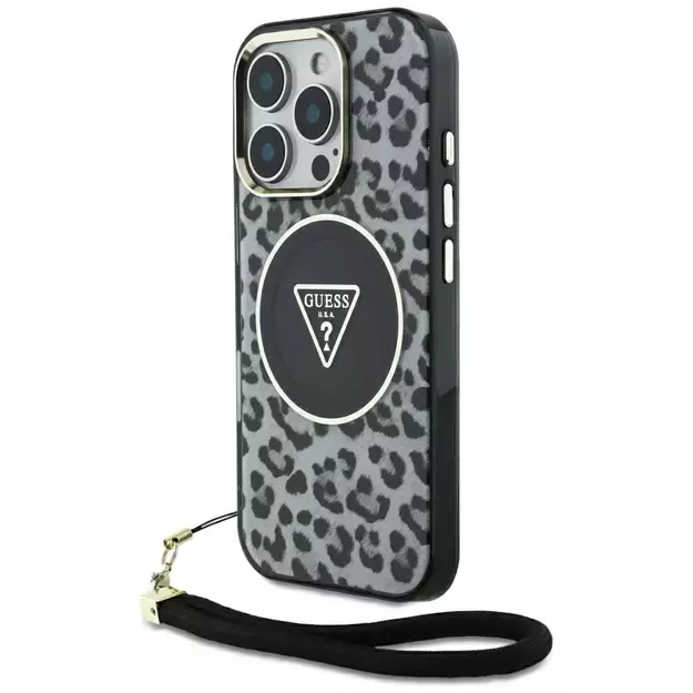 Guess HC IML Leopard Triangle Cord Strap MagSafe Case for iPhone 16 Pro - Black