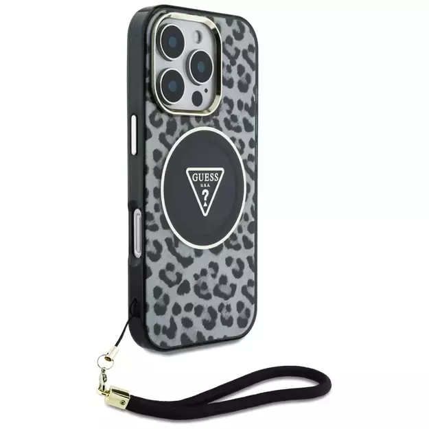 Guess HC IML Leopard Triangle Cord Strap MagSafe Case for iPhone 16 Pro - Black 6