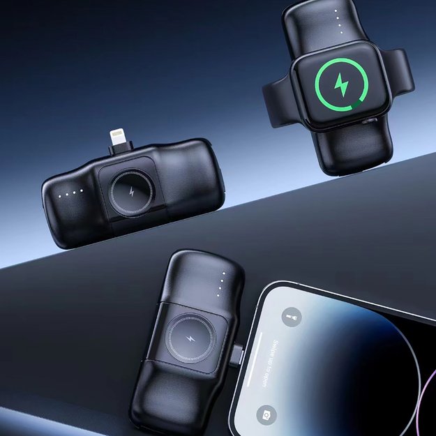 Wozinsky WF16-YLS 5000mAh 15W Lightning Mini Power Bank with Built-in USB-C Cable and Apple Watch Charger - Black 5