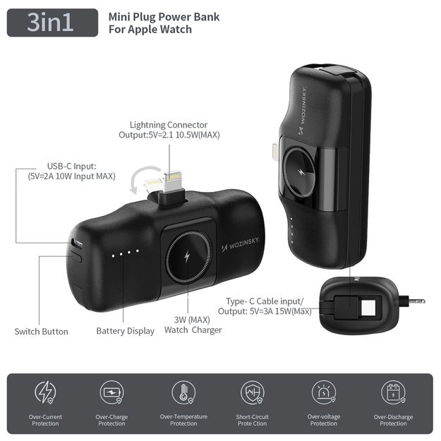 Wozinsky WF16-YLS 5000mAh 15W Lightning Mini Power Bank with Built-in USB-C Cable and Apple Watch Charger - Black 10