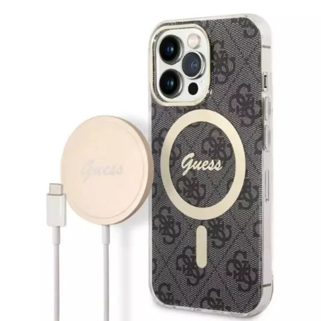 Set Guess GUBPP13LH4EACSK Case+ Charger iPhone 13 Pro black/black hard case 4G Print MagSafe
