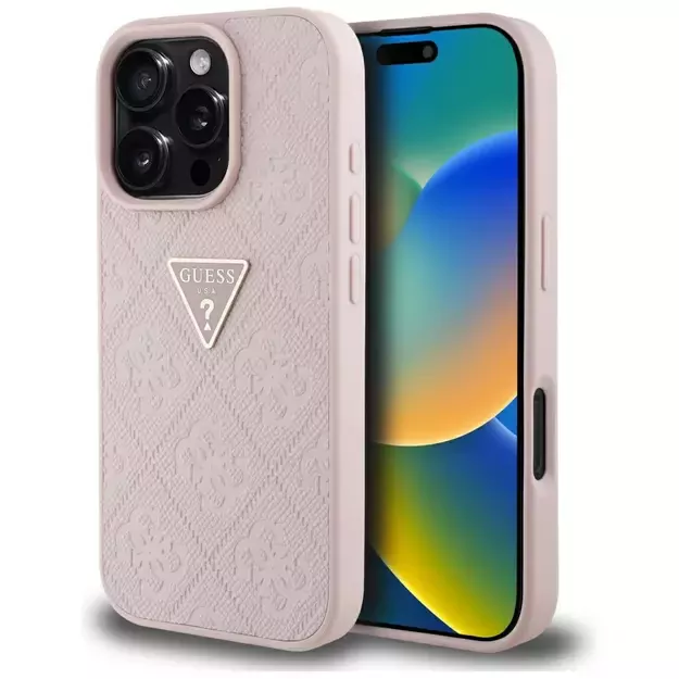 Guess Hot Stamp 4G Pattern Triangle Metal Logo iPhone 16 Pro Max Case - Pink