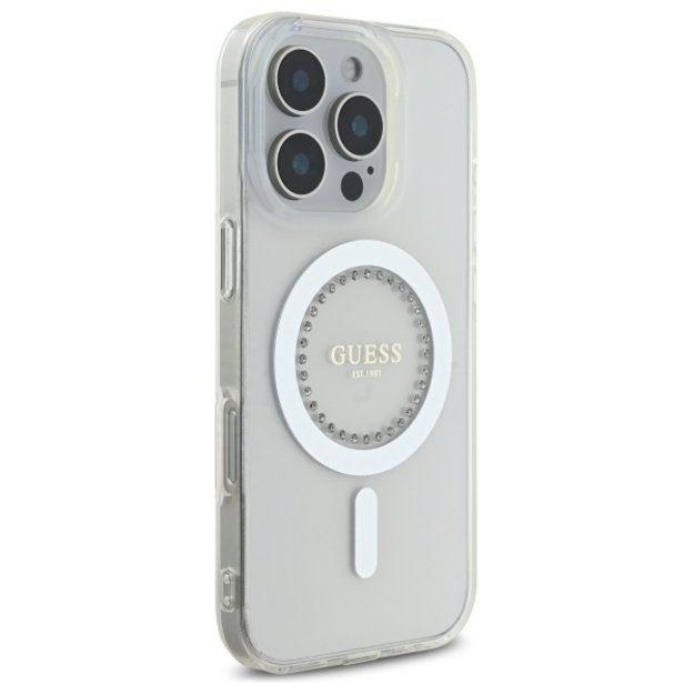 Guess IML Rhinestones MagSafe Case for iPhone 16 Pro - White 3