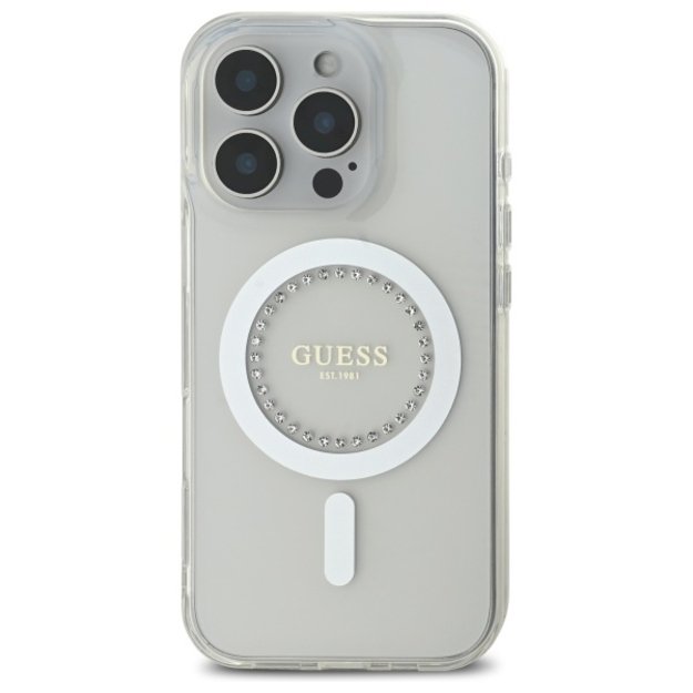 Guess IML Rhinestones MagSafe Case for iPhone 16 Pro - White 2