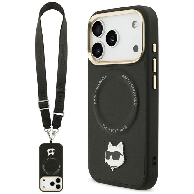 Karl Lagerfeld Big Strap Choupette Metal Logo MagSafe Case for iPhone 17 Pro - Black