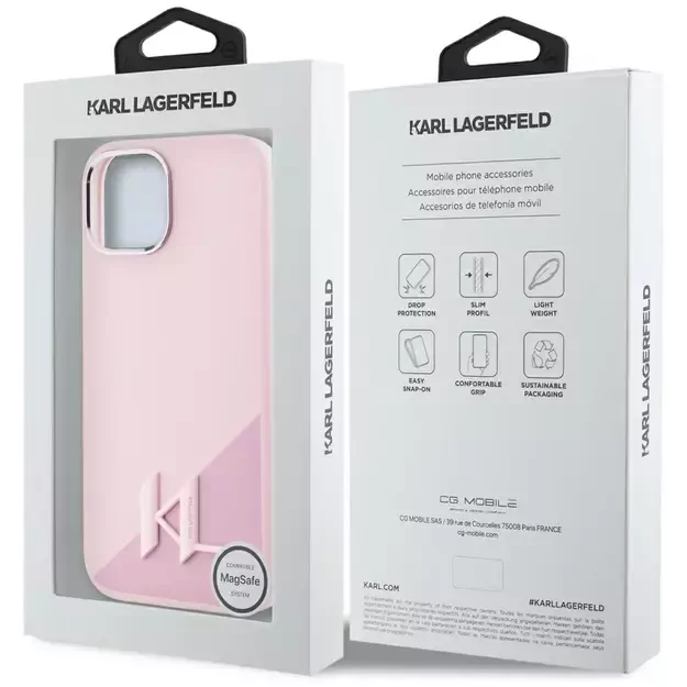 Karl Lagerfeld Silicone Shadow Metal Initial MagSafe iPhone 15 Case Pink 14