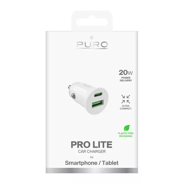 Puro Pro Lite Car Charger 1x USB-A + 1x USB-C Power Delivery 20W - White 2