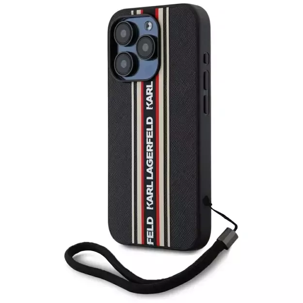Karl Lagerfeld Saffiano Athleisure Stripes Cord iPhone 15 Pro Case - Red 1