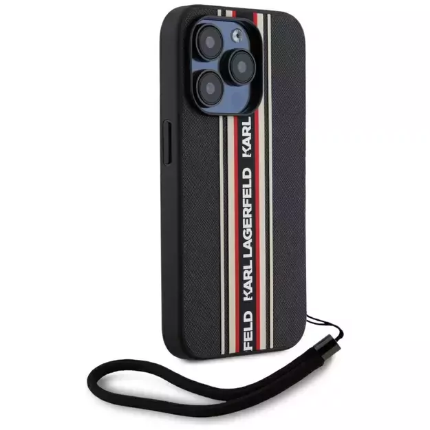 Karl Lagerfeld Saffiano Athleisure Stripes Cord iPhone 15 Pro Case - Red 2