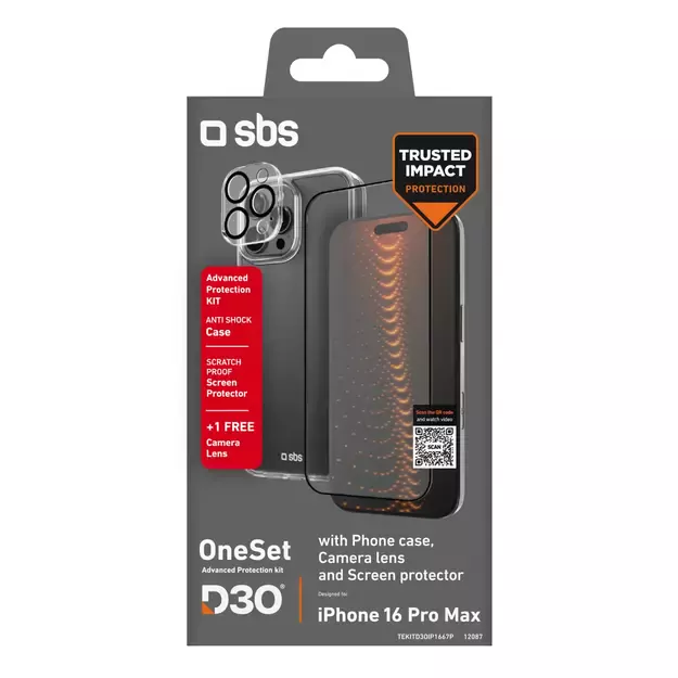 SBS set with D3O technology for iPhone 16 Pro Max - case + glass screen and camera protector - transparent 1