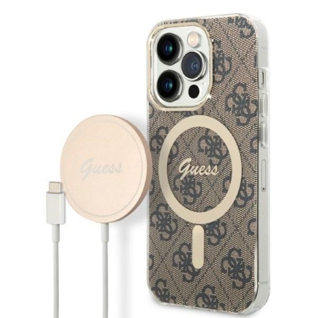 Set Guess GUBPP14LH4EACSW Case+ Charger iPhone 14 Pro 6.1  brown/brown hard case 4G Print MagSafe