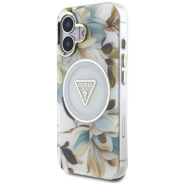 Guess Glitter Flowers Triangle Buttons MagSafe case for iPhone 16 white 1