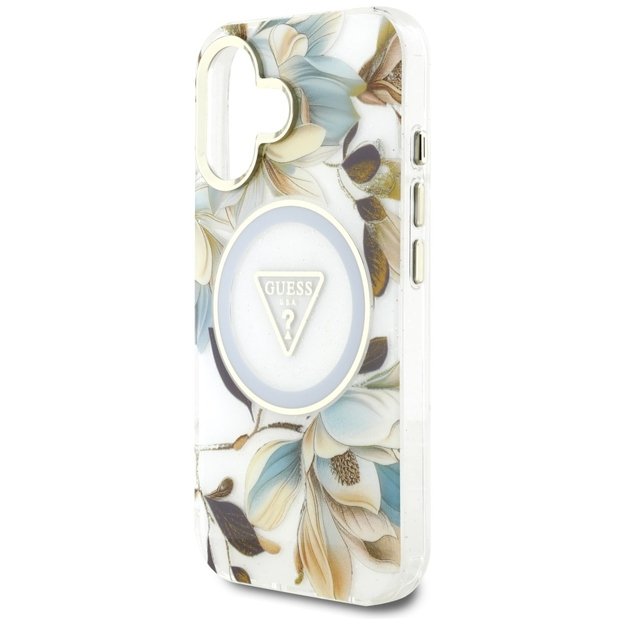 Guess Glitter Flowers Triangle Buttons MagSafe case for iPhone 16 white 5