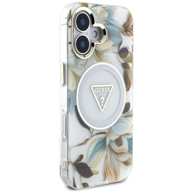 Guess Glitter Flowers Triangle Buttons MagSafe case for iPhone 16 white 3