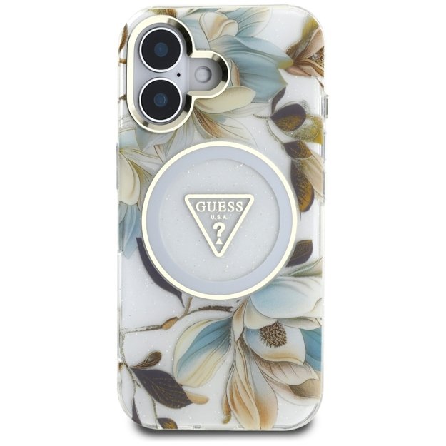 Guess Glitter Flowers Triangle Buttons MagSafe case for iPhone 16 white 2