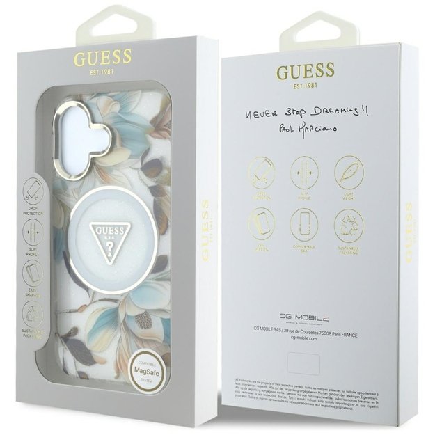 Guess Glitter Flowers Triangle Buttons MagSafe case for iPhone 16 white 7