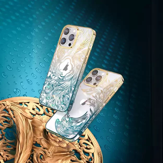 Luxury iPhone 14 Plus Case with Kingxbar Phoenix Crystals - Gold and Blue 4