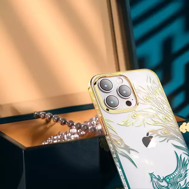 Luxury iPhone 14 Plus Case with Kingxbar Phoenix Crystals - Gold and Blue 6