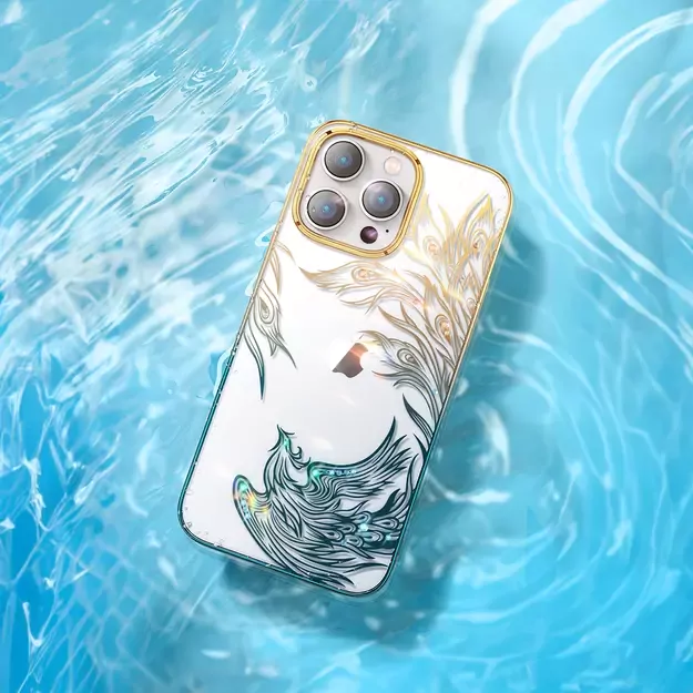 Luxury iPhone 14 Plus Case with Kingxbar Phoenix Crystals - Gold and Blue 1
