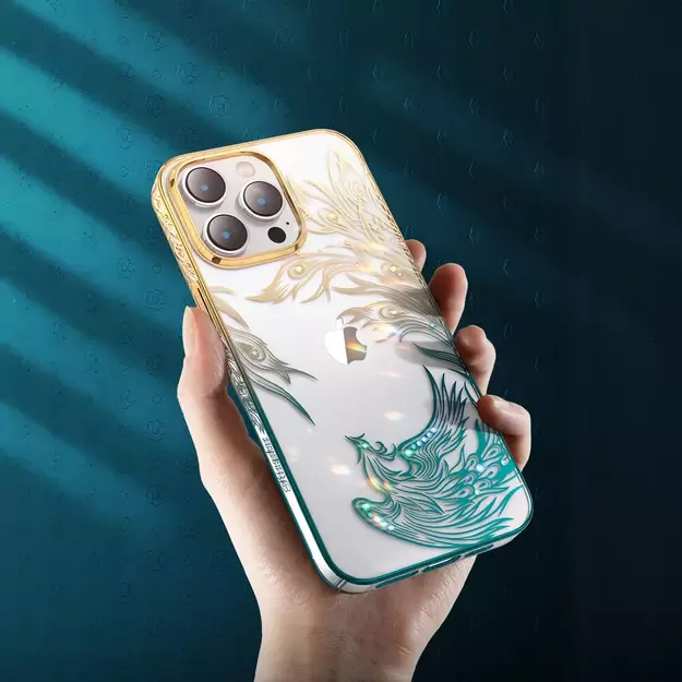 Luxury iPhone 14 Plus Case with Kingxbar Phoenix Crystals - Gold and Blue 2