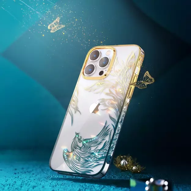 Luxury iPhone 14 Plus Case with Kingxbar Phoenix Crystals - Gold and Blue 3