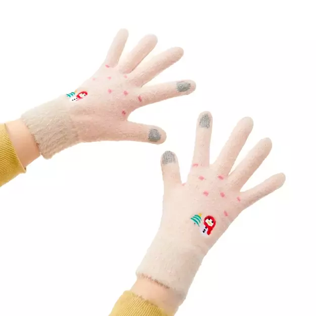 Women s winter telephone gloves with a snowman and a Christmas tree - beige