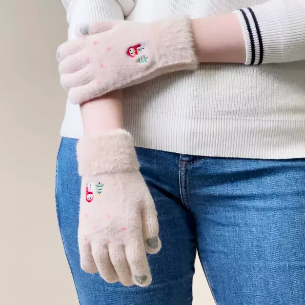 Women s winter telephone gloves with a snowman and a Christmas tree - beige 3