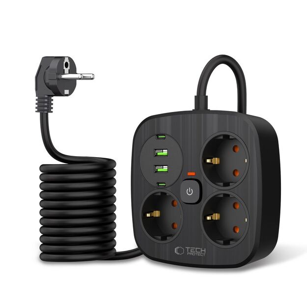 Tech-Protect PCS3X4 power strip, 3 sockets, 2xUSB-A, 2xUSB-C 200 cm - black 1