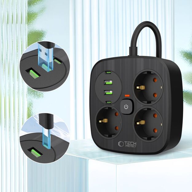 Tech-Protect PCS3X4 power strip, 3 sockets, 2xUSB-A, 2xUSB-C 200 cm - black 2