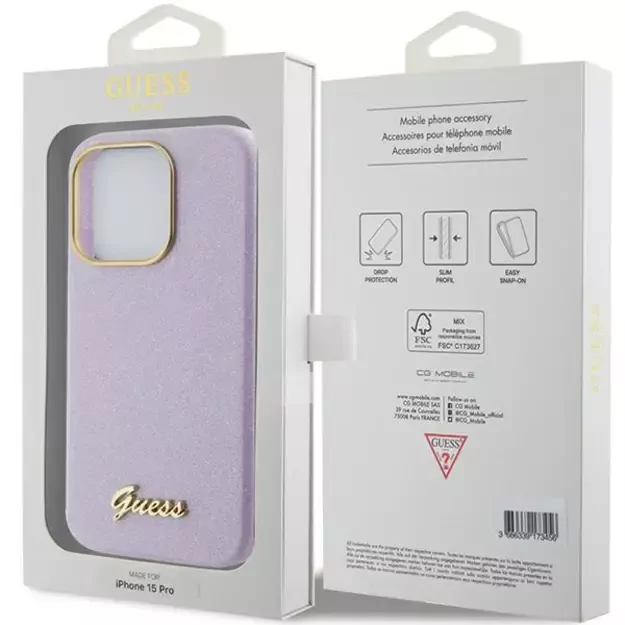 Guess Glitter Glossy Script case for iPhone 15 Pro - lilac 6