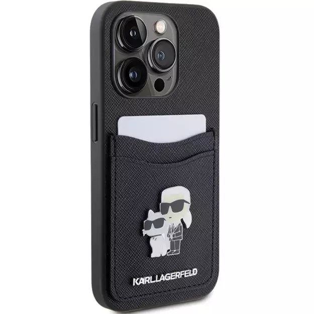 Karl Lagerfeld Saffiano Cardslot Karl&amp Choupette Metal Pin case for iPhone 15 Pro - black 4