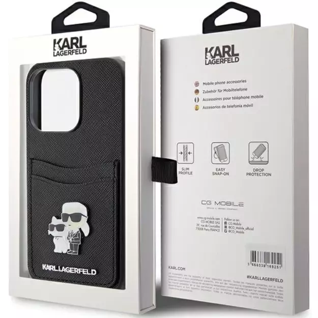 Karl Lagerfeld Saffiano Cardslot Karl&amp Choupette Metal Pin case for iPhone 15 Pro - black 8