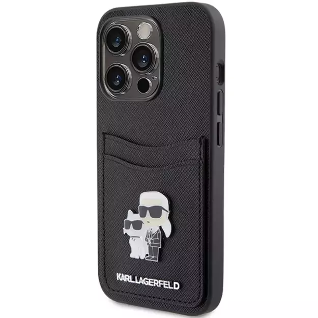 Karl Lagerfeld Saffiano Cardslot Karl&amp Choupette Metal Pin case for iPhone 15 Pro - black 2