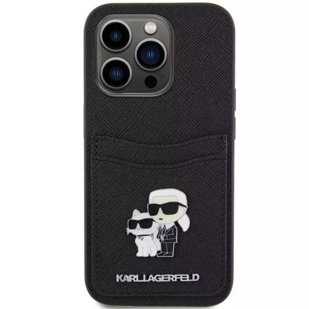 Karl Lagerfeld Saffiano Cardslot Karl&amp Choupette Metal Pin case for iPhone 15 Pro - black 3